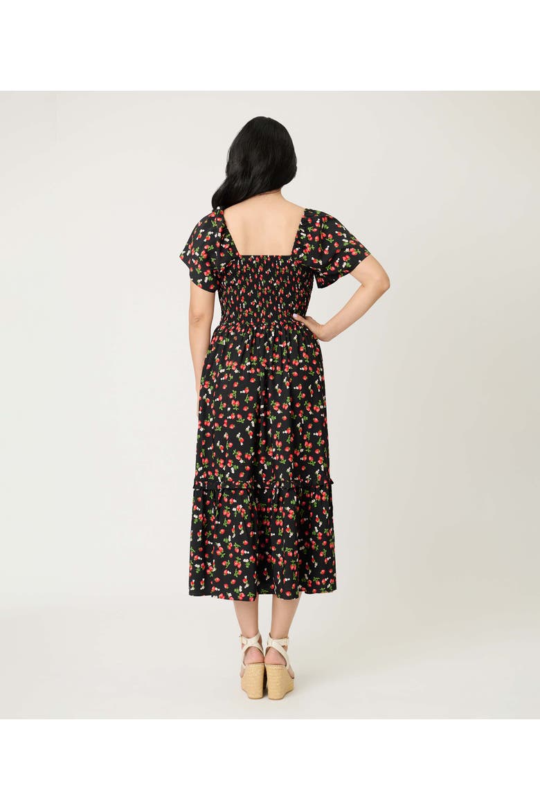 Smocked Bodice Midi Dress, Alternate, color, Black W/Strawberry Print