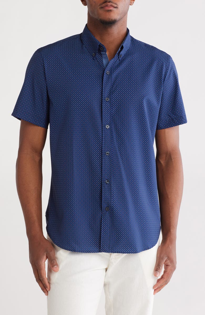 CONSTRUCT Slim Fit Dot Short Sleeve Stretch Button-Down Shirt, Main, color, Navy