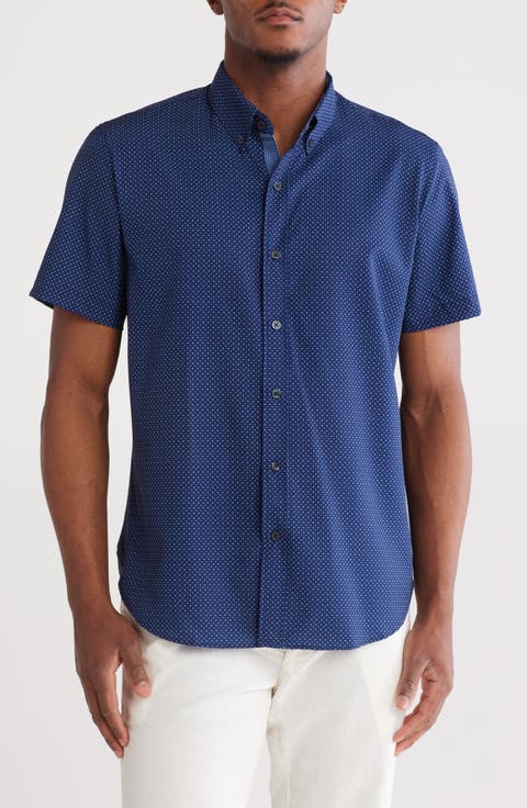 Slim Fit Dot Short Sleeve Stretch Button-Down Shirt