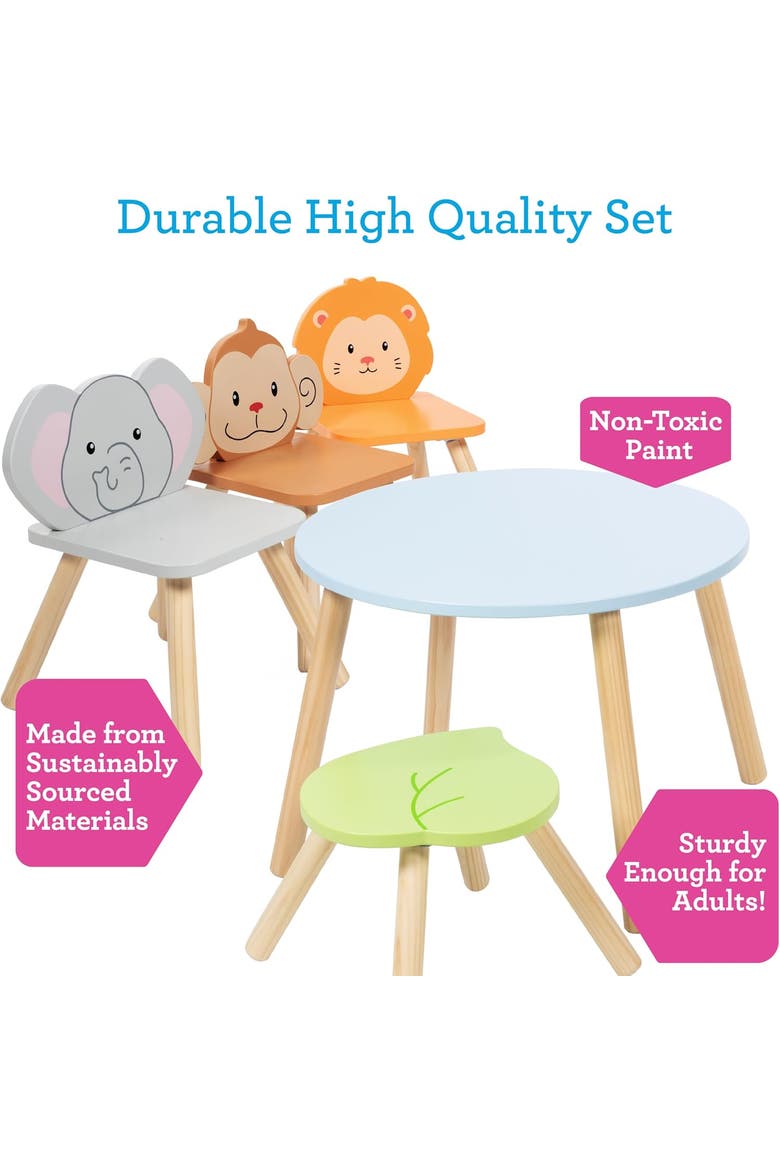 Kids Wooden Animal Table & Chair Set w 4 Seats- Monkey Lion & Elephant Plus - Durable Playroom Furniture, Alternate, color, Blue