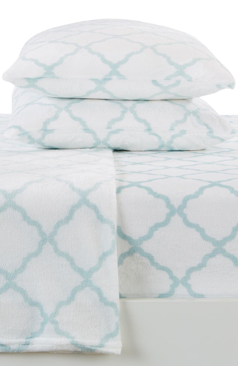 Woven & Weft Printed Plush Velour Sheet Set, Main, color, Lattice - White / Blue