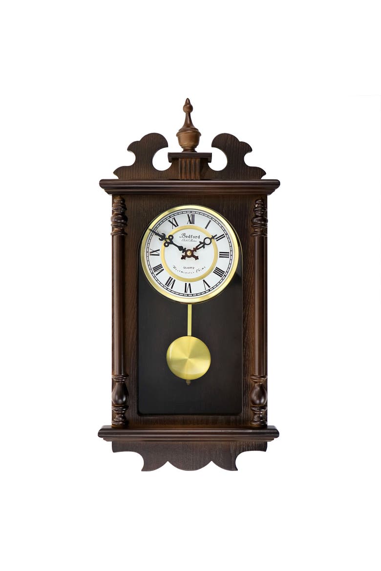 Leo 21in Chestnut Wood Chiming Pendulum Wall Clock, Main, color, Chestnut