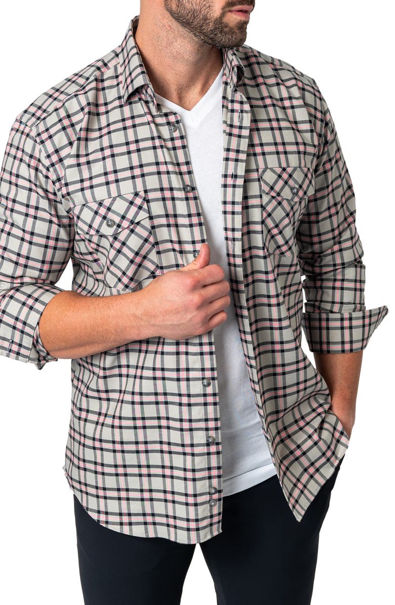 Maceoo Plaid Embroidered Cotton Flannel Button-Up Shirt, Alternate, color, Grey