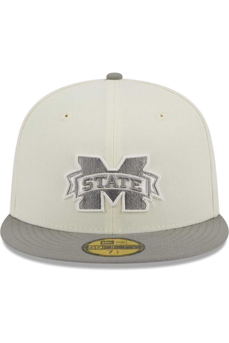 Men's New Era Stone/Gray Mississippi State Bulldogs Chrome & Concrete 59FIFTY Fitted Hat, Alternate, color, Cream