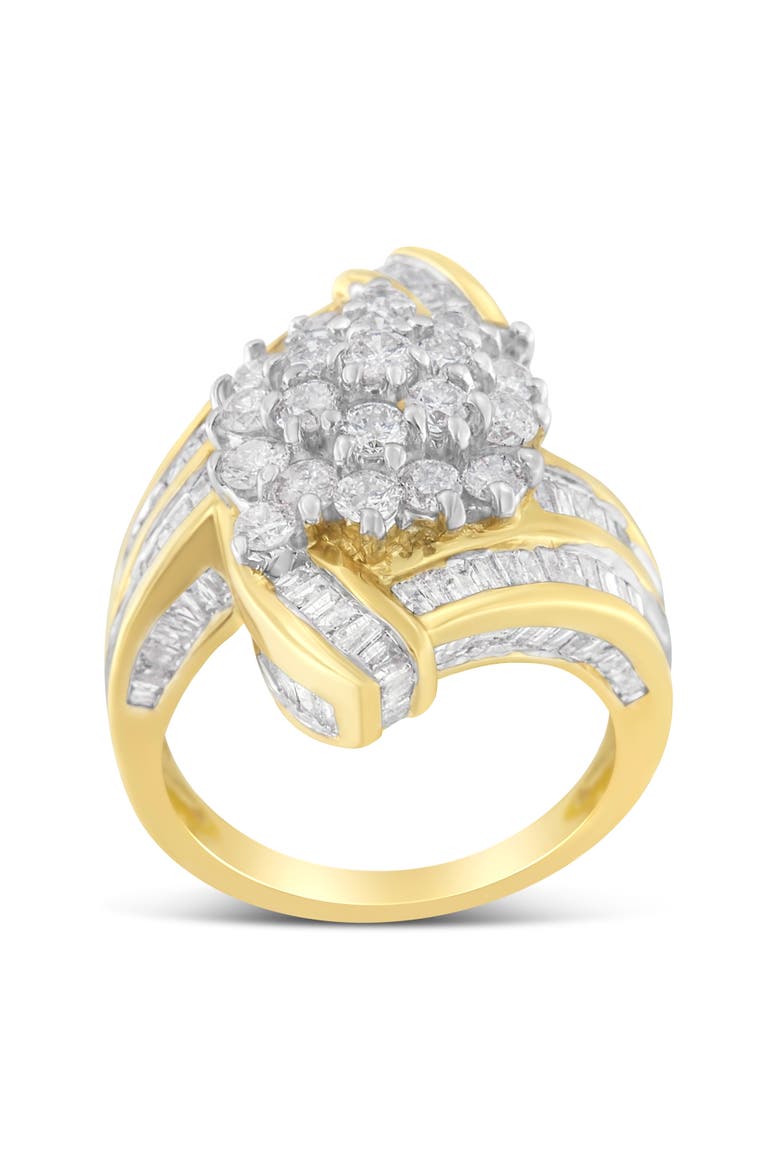 10K Gold 3 Ctw Round and Baguette Diamond Crossover Cluster Ring, Alternate, color, Yellow Gold