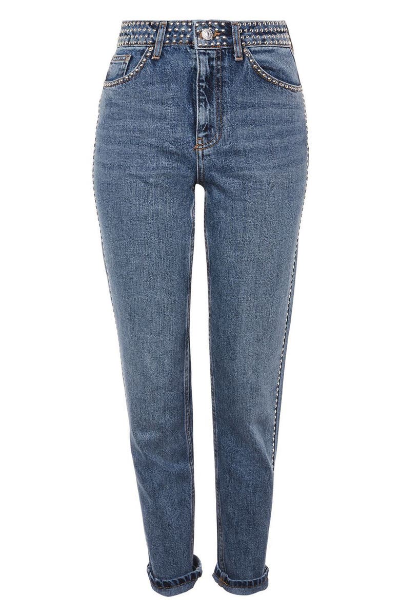 Topshop Mid Denim Studded Mom Jeans, Alternate, color, 