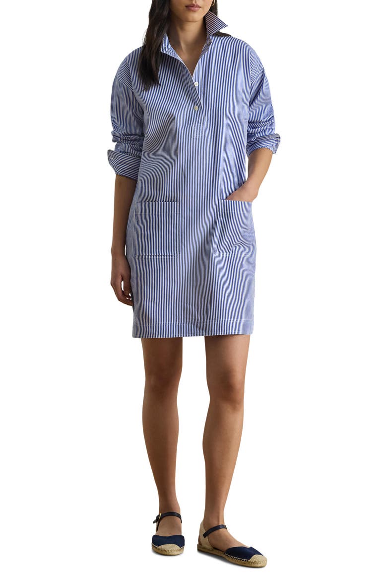 ralph lauren blue striped shirt dress LAUREN RALPH LAUREN STRIPED BELTED BROADCLOTH SHIRTDRESS Blue Women's Short Dress