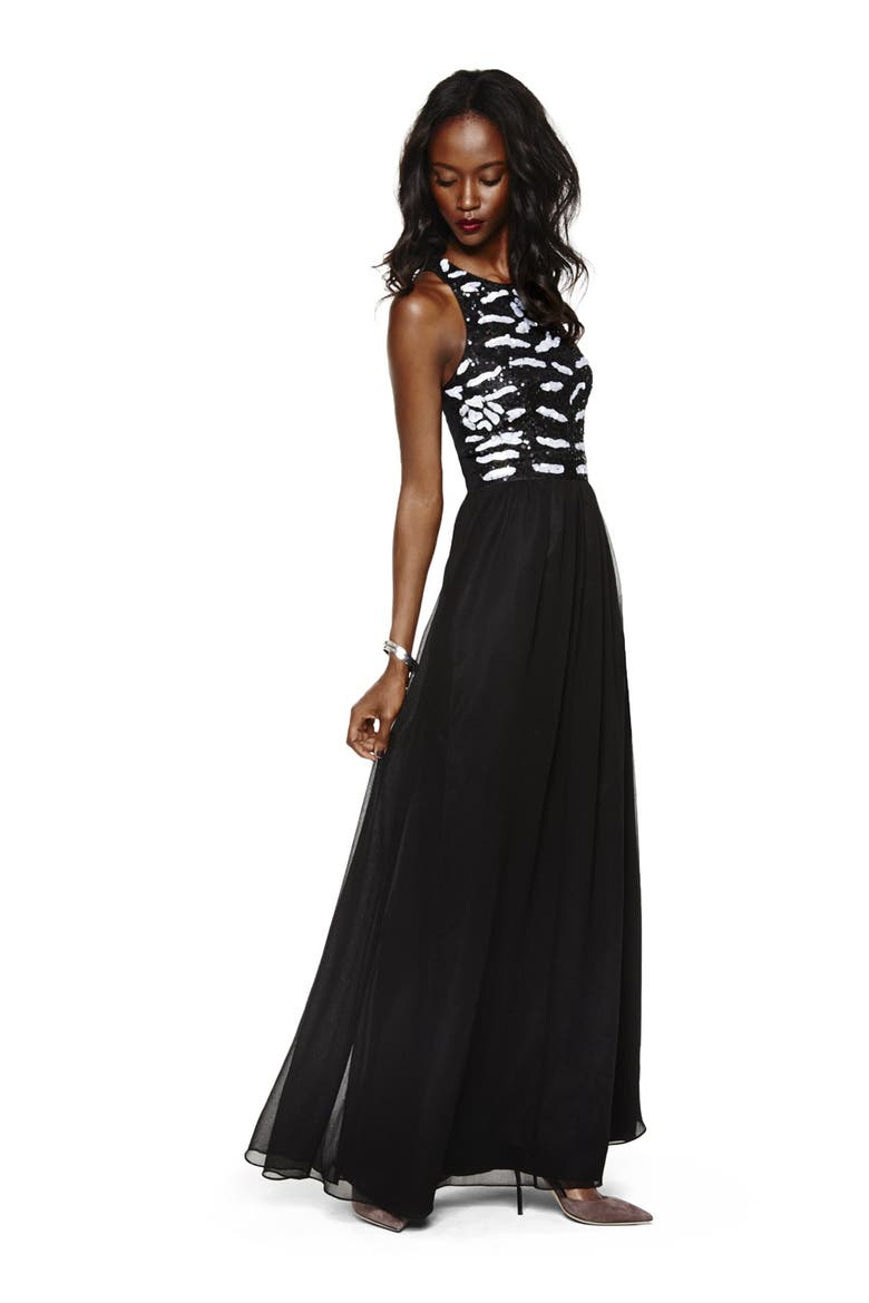 Sequin Bodice Chiffon Gown, Alternate, color, BLACK/ WHITE