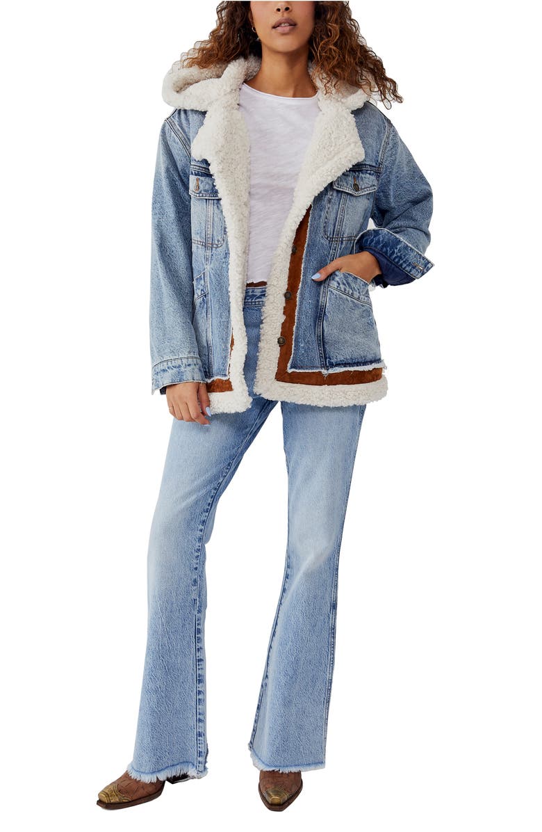 Free People We the Free Magnolia Faux Shearling Lined Hooded Cotton Denim Jacket, Alternate, color,