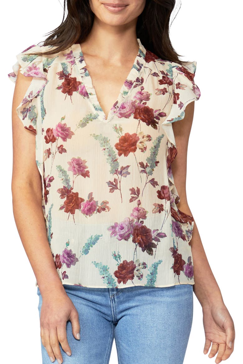 Genie Floral Print Ruffle Silk Top, Main, color, NUDE CREAM MULTI