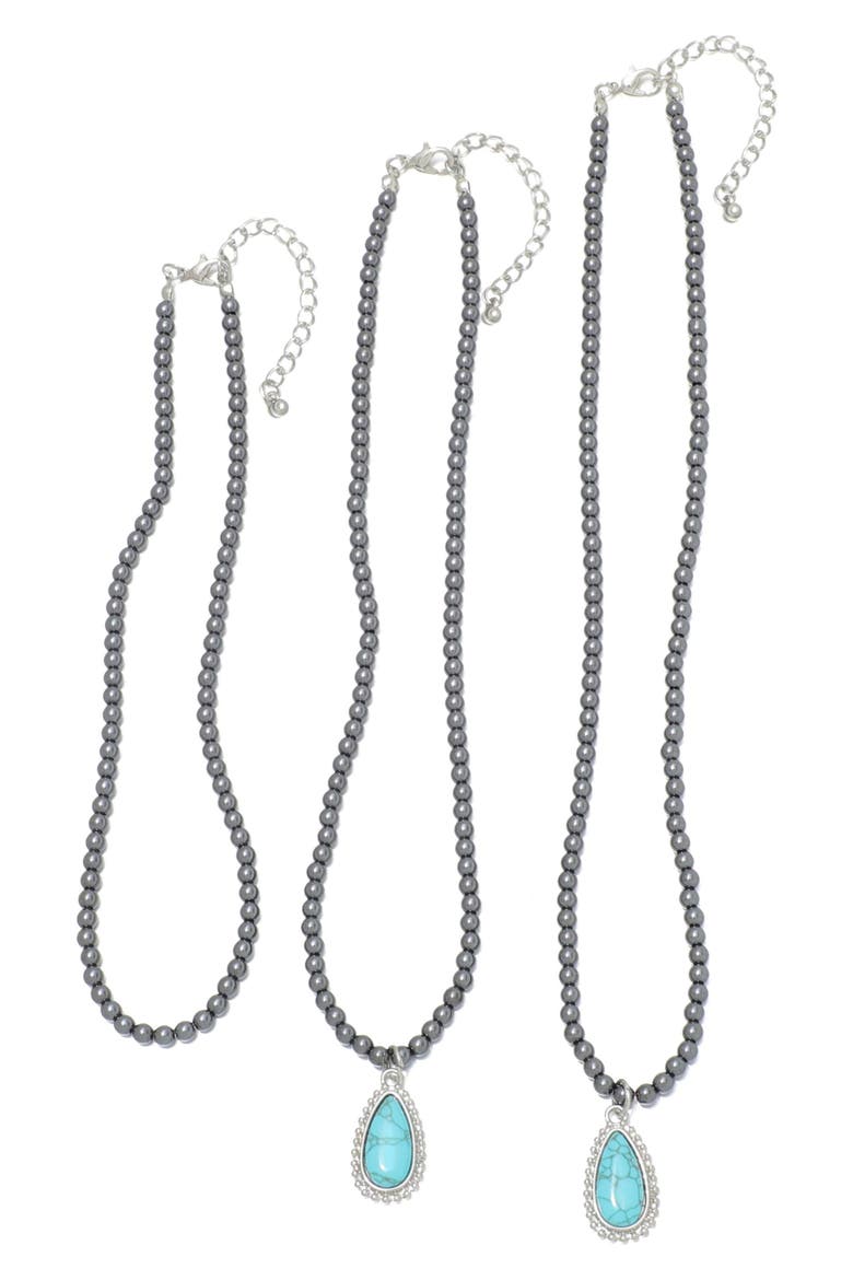 Gunmetal Tone Bead & Simulated Turquoise Layered Necklace, Alternate, color, BLUE/ SILVER