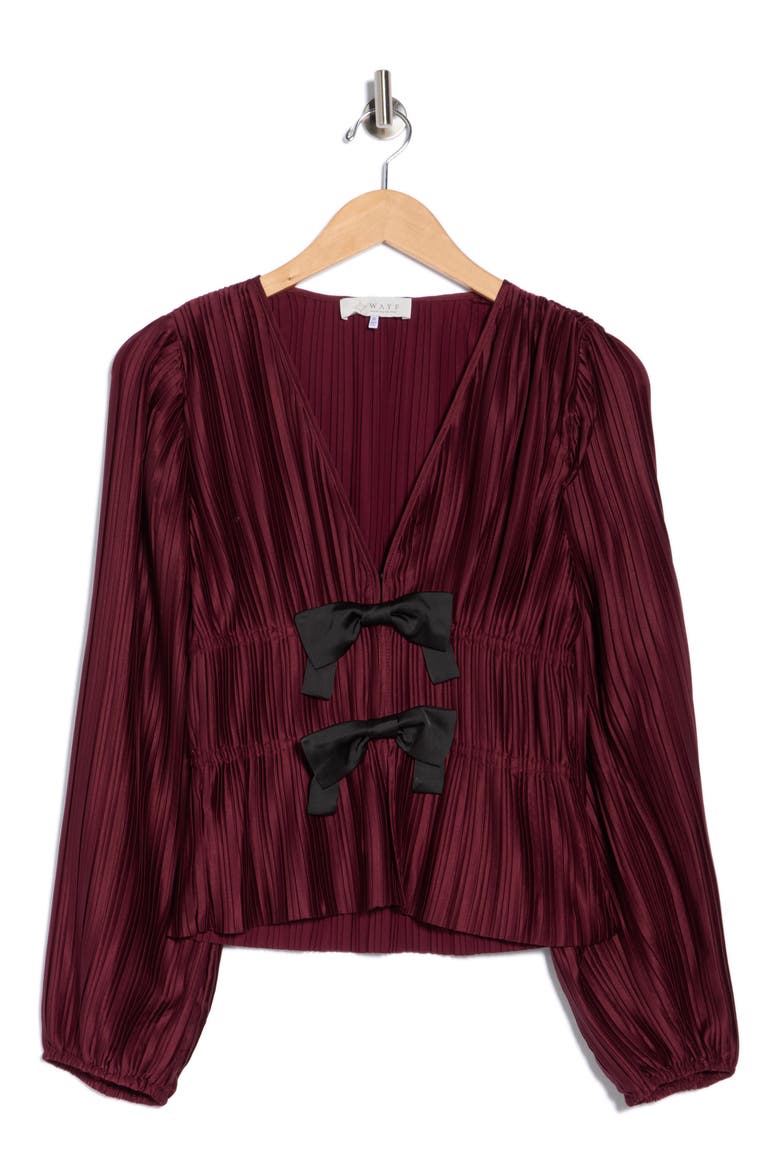 Bow Long Sleeve Plissé Top, Alternate, color, AUBERGINE
