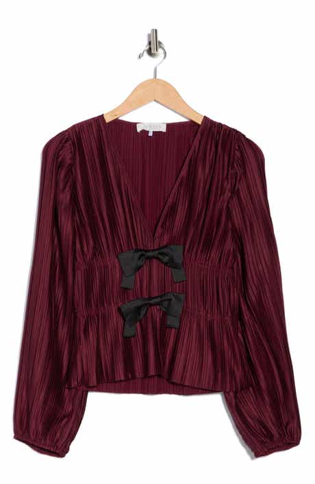 WAYF Bow Long Sleeve Plissé Top