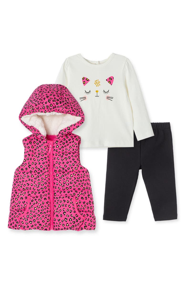Little Me Hooded Vest, Graphic Tee & Leggings Set, Main, color,