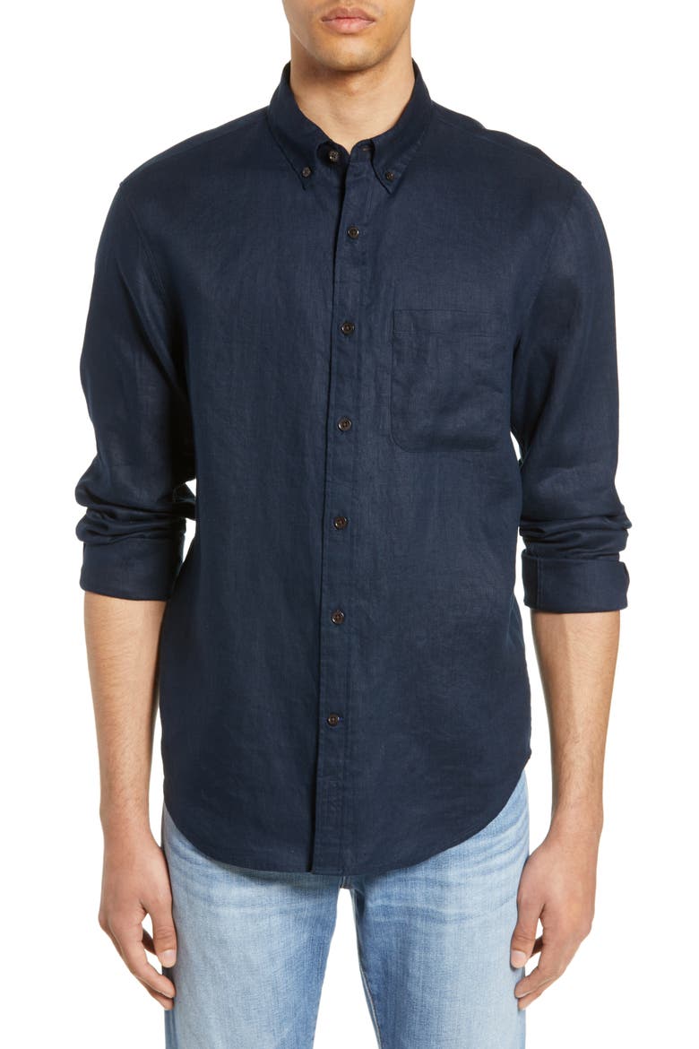 Solid Linen Slim Fit Sport Shirt, Main, color, NEW NAVY