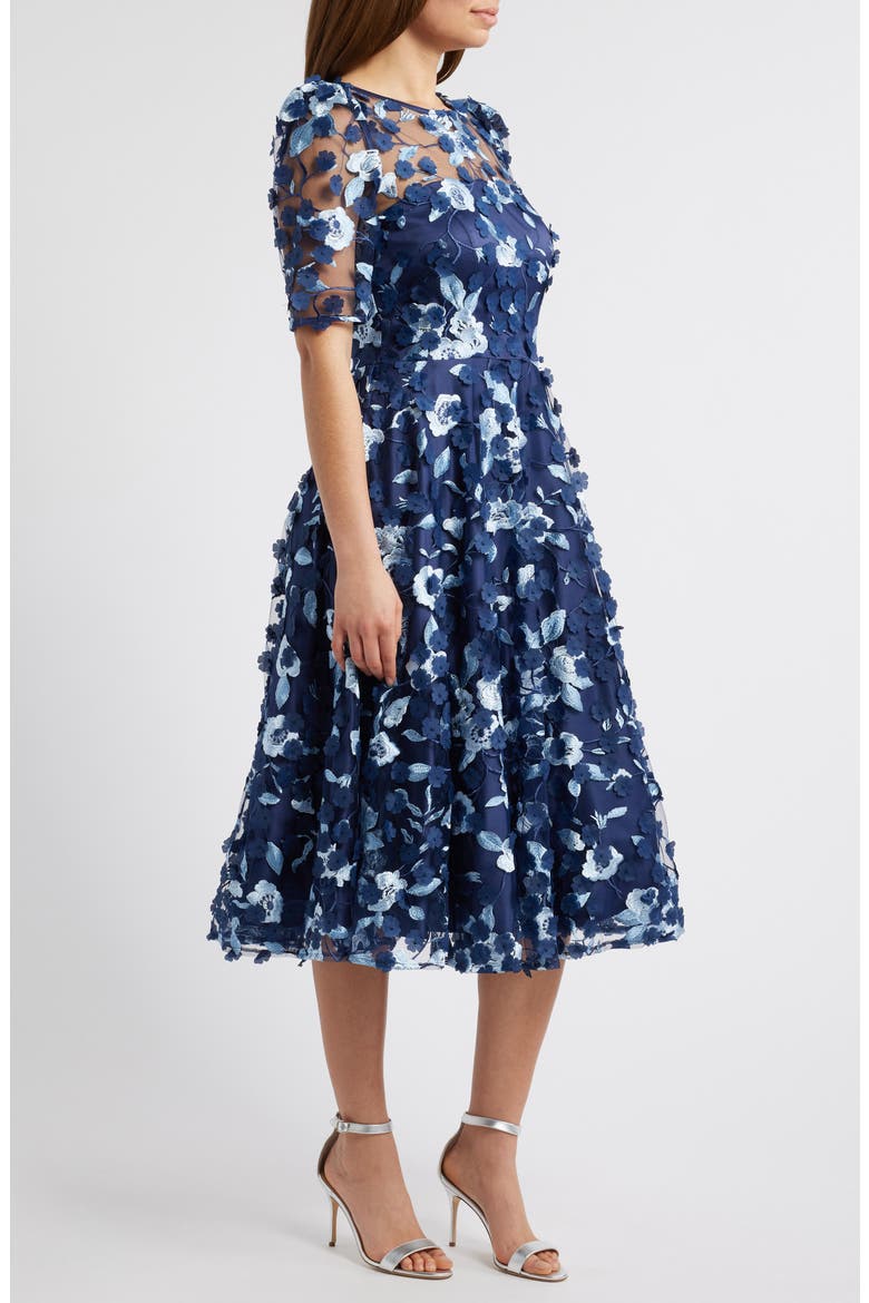 Floral Appliqué Cocktail Midi Dress, Alternate, color, NAVY