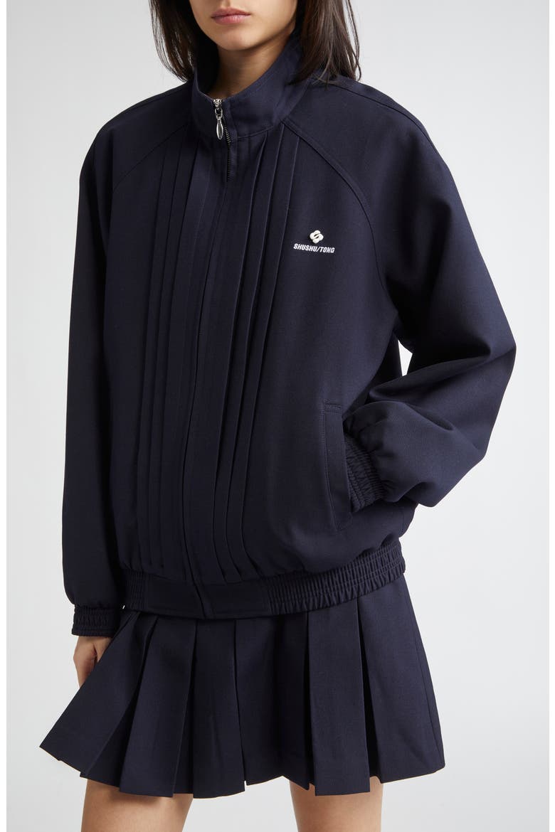 Tucker Logo Stitch Pleated Wool & Silk Zip Jacket, Alternate, color, NAVY BLUE