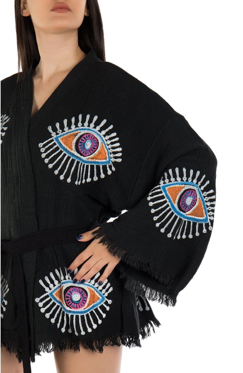 Forever & Always Shoes Sereia Evil Eye Handmade Cotton Short Robe Cover-Up, Alternate, color, Black