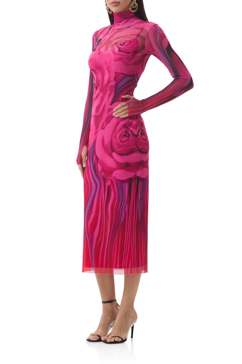 Shailene Print Long Sleeve Powermesh Body-Con Midi Dress, Alternate, color, FUCHSIA ROSE