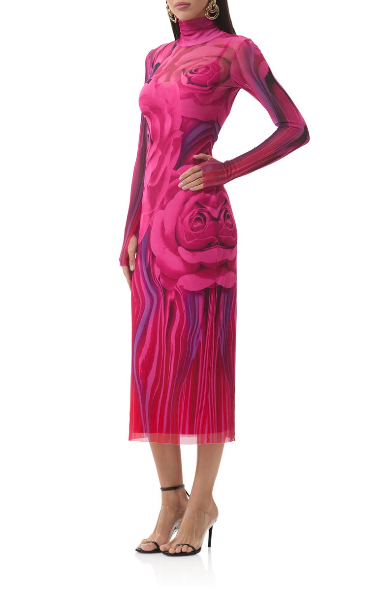 AFRM Shailene Print Long Sleeve Powermesh Body-Con Midi Dress, Alternate, color, Fuchsia Rose