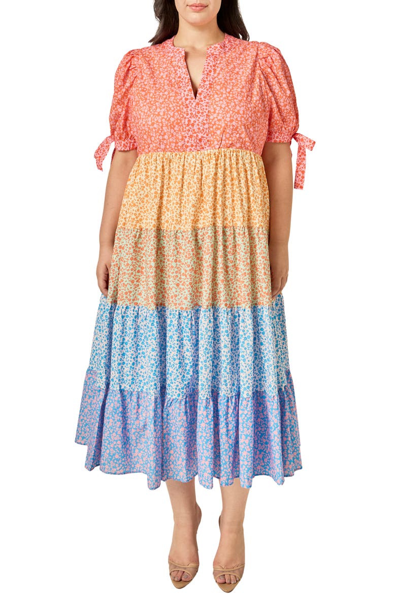 Colorblock Printed Midi Dress, Main, color, MULTI