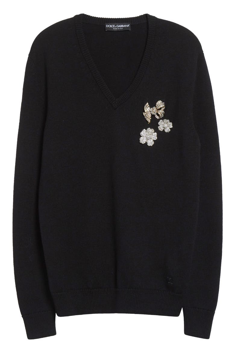 Floral Brooch Virgin Wool V-Neck Sweater, Alternate, color, N0000 NERO