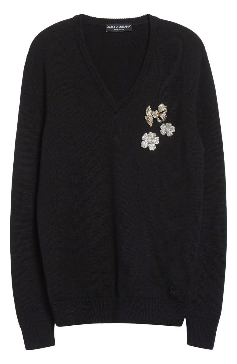 Dolce&Gabbana Floral Brooch Virgin Wool V-Neck Sweater, Alternate, color, N0000 Nero