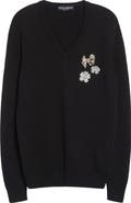 Dolce&Gabbana Floral Brooch Virgin Wool V-Neck Sweater