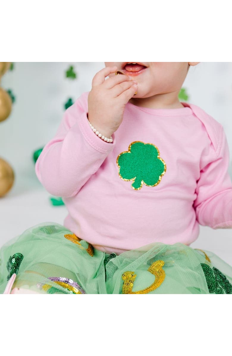 Sweet Wink Shamrock Patch St. Patrick's Day Long Sleeve Bodysuit, Alternate, color, 