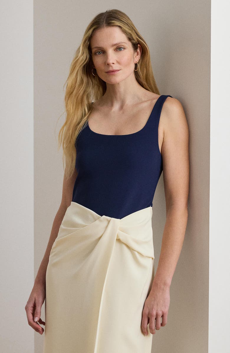 Lauren Ralph Lauren Two-Tone Ottoman & Crepe Sleeveless Gown, Alternate, color, Mascarpone Ivory/ Refined Navy