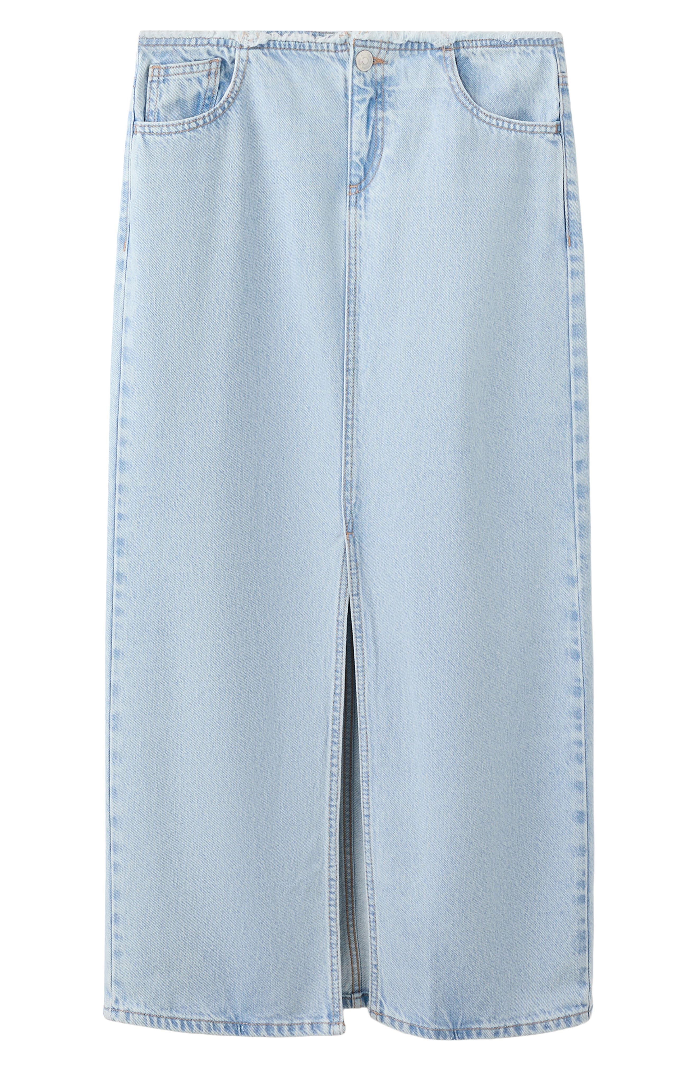 Front Slit Denim Midi Skirt