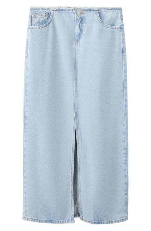 Front Slit Denim Midi Skirt