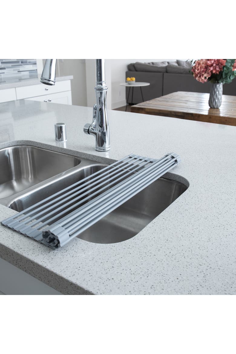 Over the Sink Roll Up Drying Rack, Silicone and Stainless Steel, Alternate, color, Gray