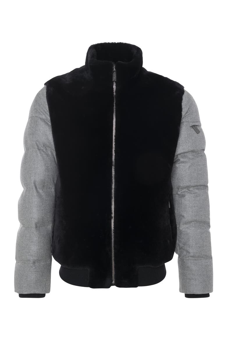 Mens Genuine Shearling Bomber Jacket with  Wool & Cashmere Quilted Down Sleeves And Back, Alternate, color, BLACK/GRAY