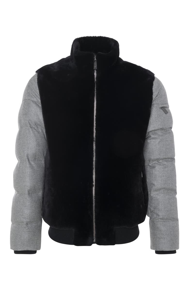 GORSKI Mens Genuine Shearling Bomber Jacket with  Wool & Cashmere Quilted Down Sleeves And Back, Alternate, color, Black/Gray