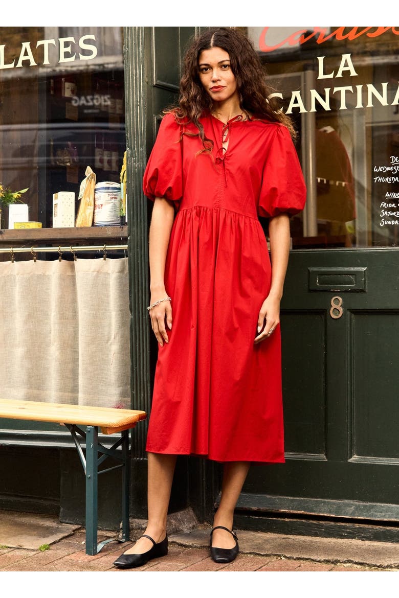 Rose Organic Cotton Tie Midi Dress, Alternate, color, Crimson Red