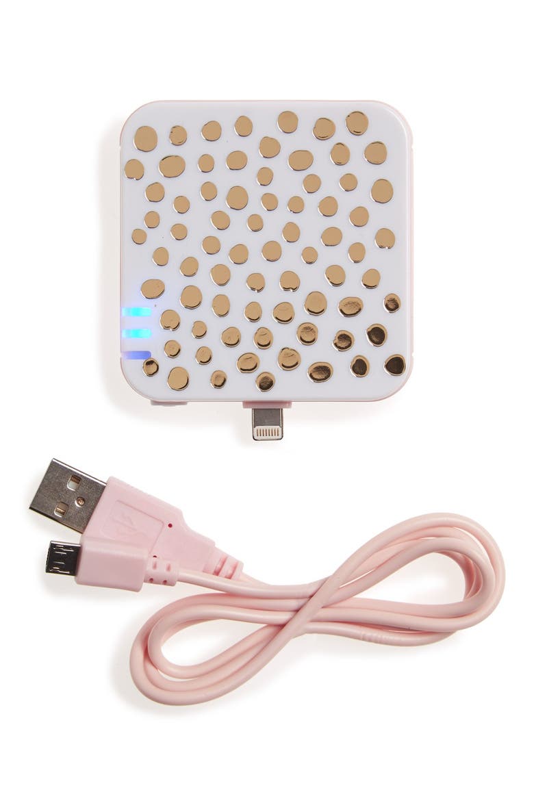 'Back Me Up' iPhone 5, 5s, 6 & 6 Plus Charger, Main, color, GOLD DOTS