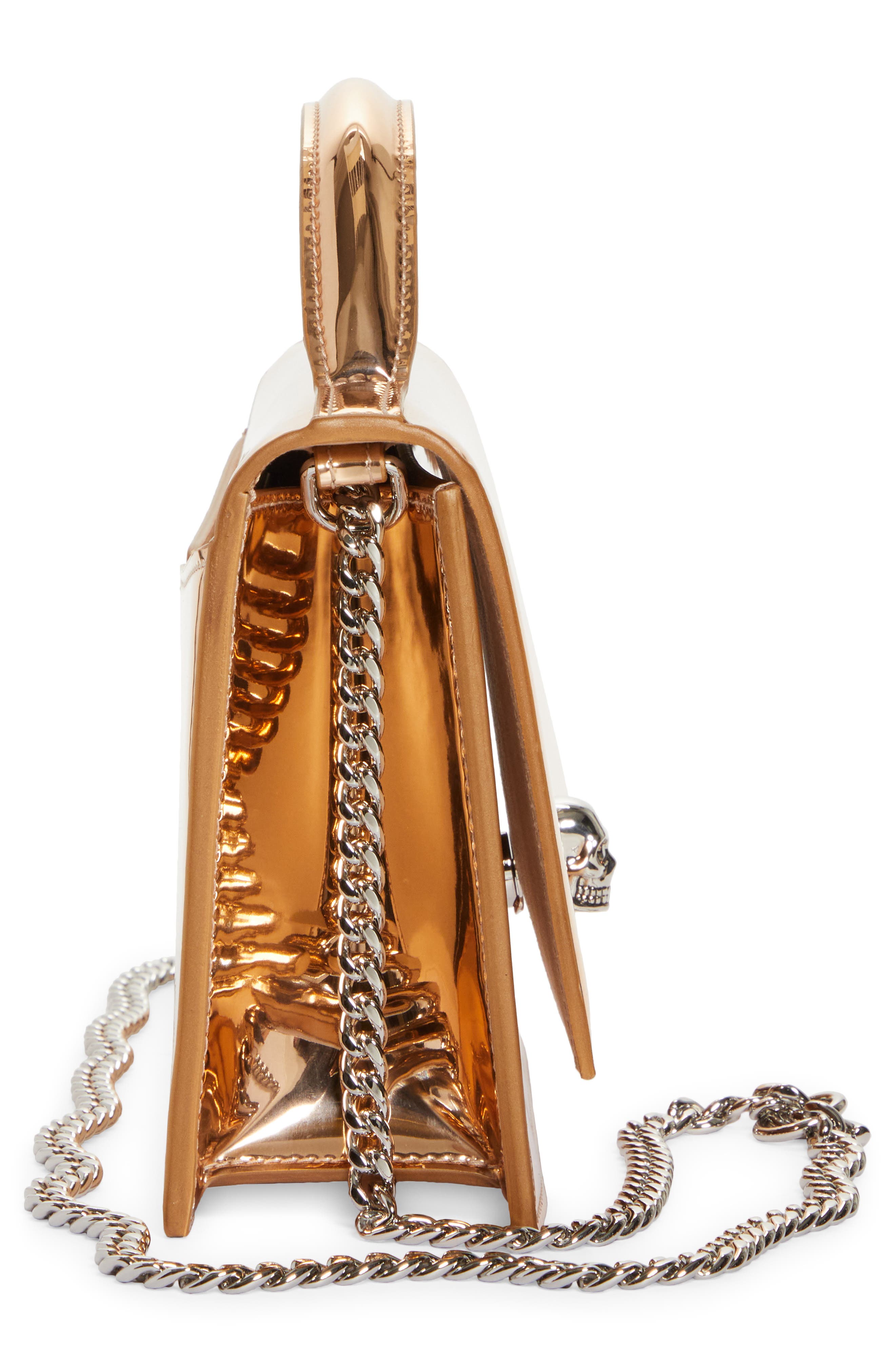 McQueen Medium Skull Metallic Faux Leather Handbag, Alternate, color, 