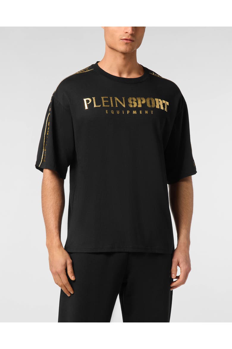 T-Shirt Round Neck Ss Laminated Men, Main, color, black/lightgold