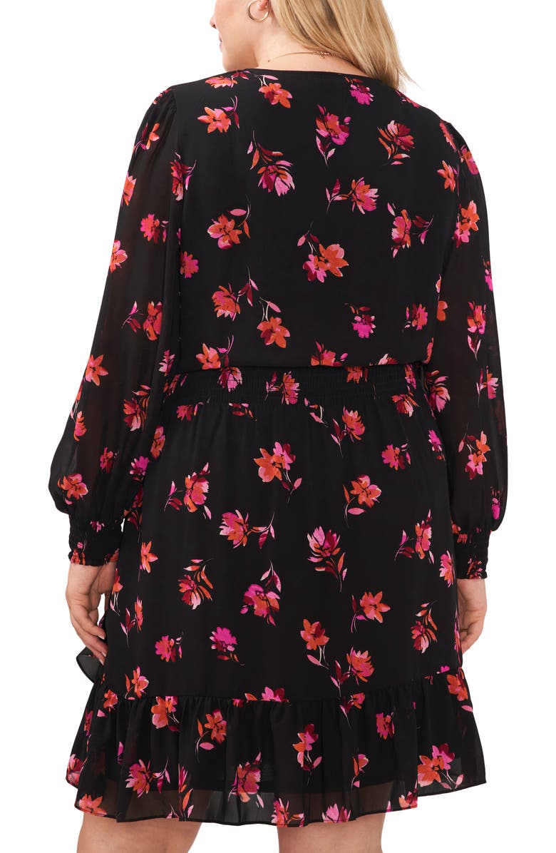 Vince Camuto Smocked Floral Print Ruffle Long Sleeve Minidress, Alternate, color, Pomegranate Pink