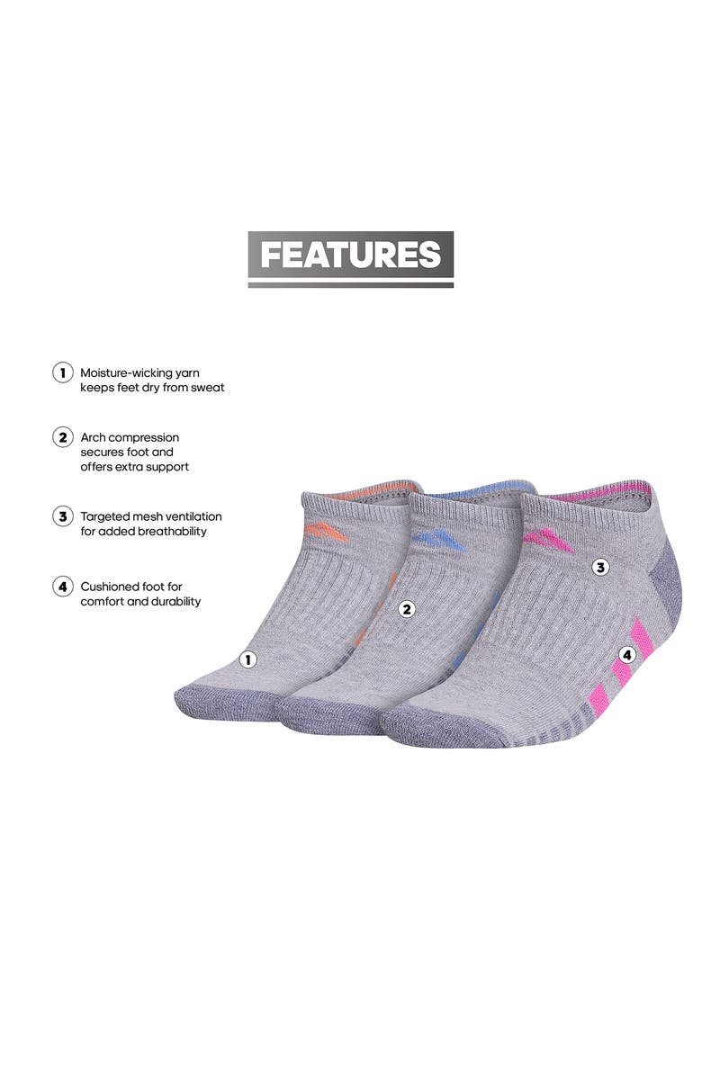 adidas 3-Pack Cushioned 3.0 Ankle Socks, Alternate, color, Light Heather/ Fuchsia/ Blue