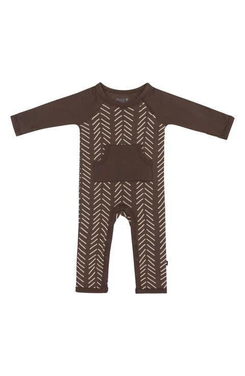 Espresso Herringbone Print Longall Romper (Baby)