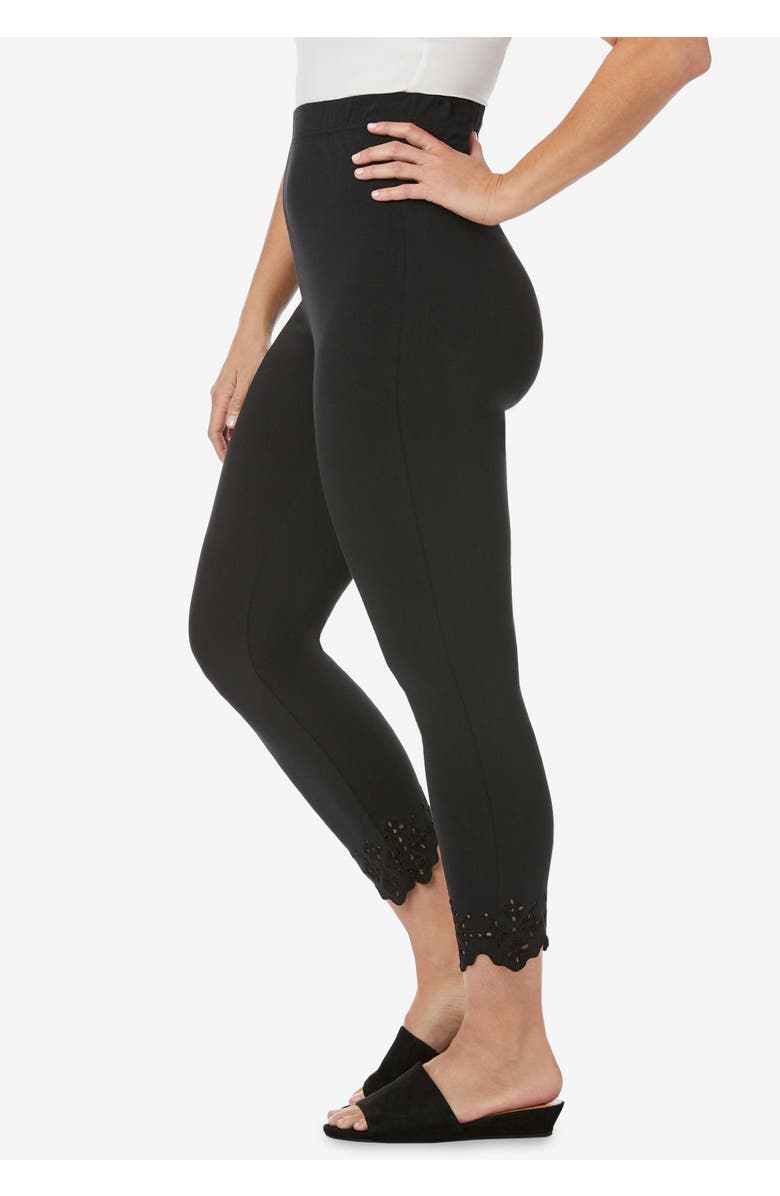 Jessica London Stretch Cotton Eyelet Capri Legging, Alternate, color, Black Floral Eyelet