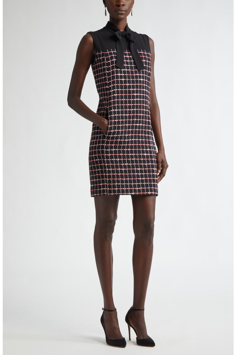 Windowpane Check Mixed Media Sleeveless Sheath Dress, Main, color, BLACK/ HAUTE RED/ PEARL MULTI