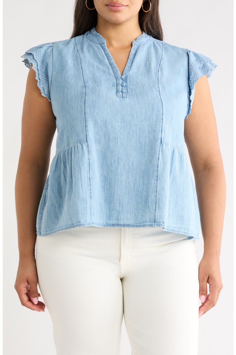 Ruffle Eyelet Chambray Popover Top, Main, color, LIGHT WASH