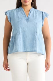 Caslon® Ruffle Eyelet Chambray Popover Top