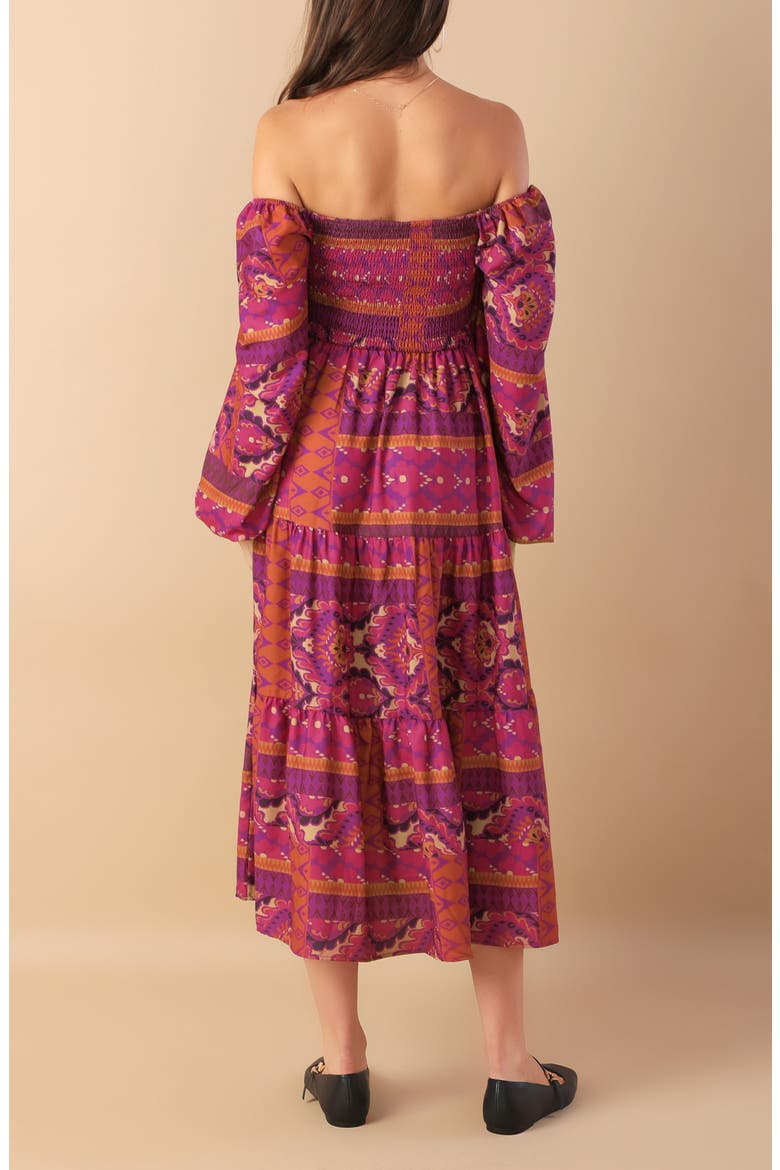 Off the Shoulder Long Sleeve Tiered Midi Dress, Alternate, color, MAGENTA