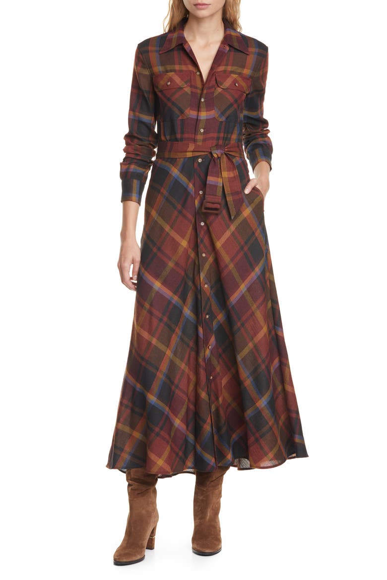 Tartan Long Sleeve Wool Shirtdress, Main, color, PRINT