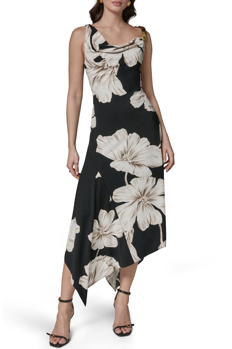 Floral Asymmetric Midi Dress, Alternate, color, BLACK MULTI