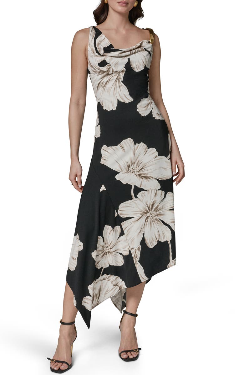 Donna Karan New York Floral Asymmetric Midi Dress, Alternate, color, Black Multi